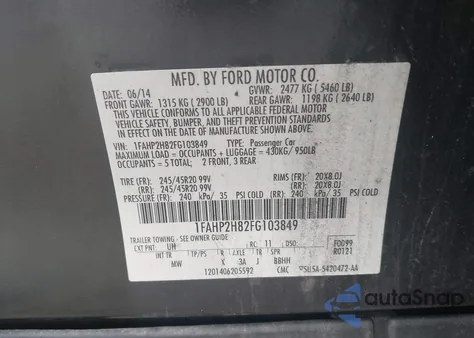 2015 Ford Taurus Sel from USA, damaged, VIN 1FAHP2H82FG103849